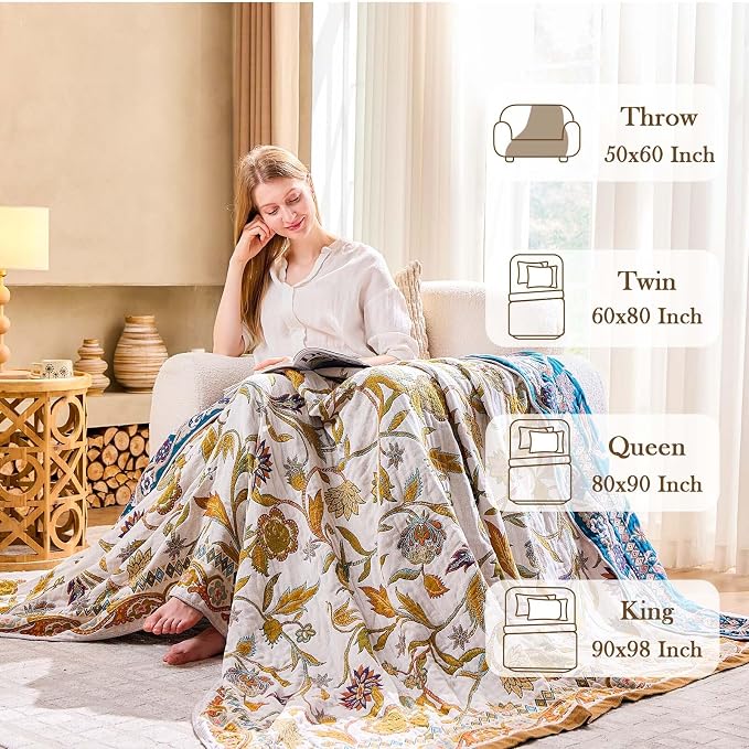 XIBLC Fall Throw Blanket for Couch, Brown Boho Decorative Throw Blanket, 100% Cotton Muslin Breathable Woven Farmhouse Blankets Quilt, 80"x90" Reversible Lightweight Blankets Bohemian Throw Quilt