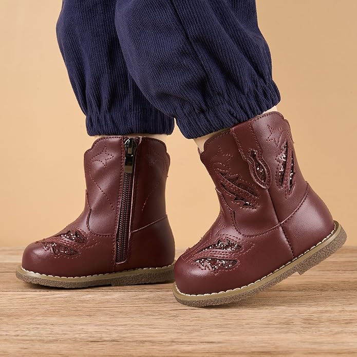 Newsonet Baby Cowboy Cowgirl Boots Infant Western Boots Toddler Boys Girls Round Toe Riding Mid Calf Boots All Seasons for 6 9 12 18 24 Months