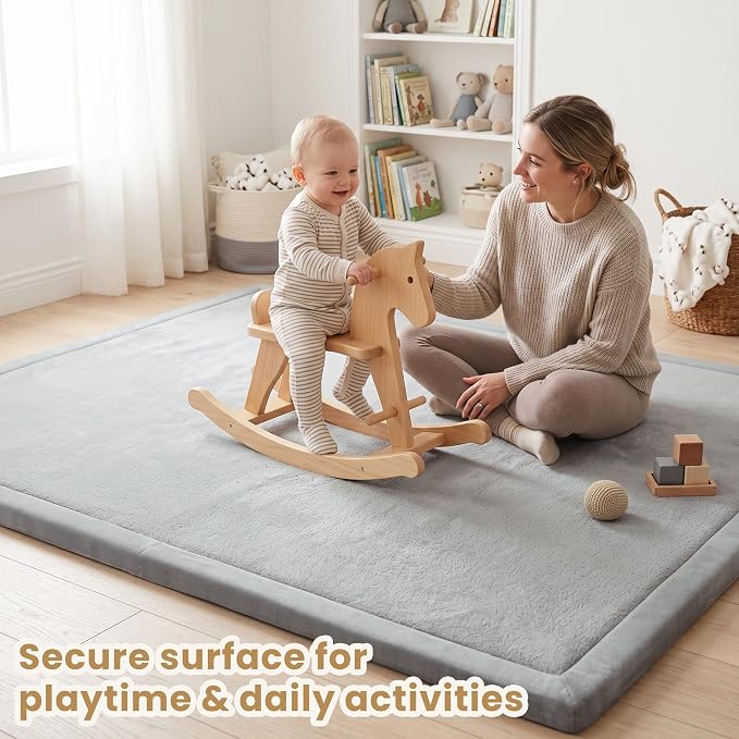 ACOMOPACK Baby Play Mat for Floor 1.3" Thick Memory Foam Play Mat 79"×157 Tummy Time Crawling with Non-slip Bottom for Living Room,Nursery,Soft Velvet Playpen Mats for Kids,Infants（Light Grey）
