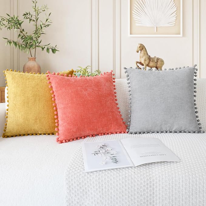 CaliTime Decorative Couch Throw Pillow Covers 22 X 22 Inches Gold | Pack of 2, Cozy Chenille Cushion Cases, with Pom Poms for Sofa Bed Living Room Farmhouse Home