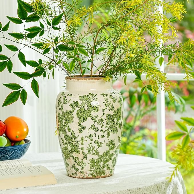 Sungmor Ceramic Flower Vase, Vintage Green Ice Cracked Glaze Porcelain Vase | Pretty Home Decor Vase for Flower Arrangement, Fresh Flowers, 10.2 Inch Tall Chinoiserie Pottery Vase, Green Floral Pattern
