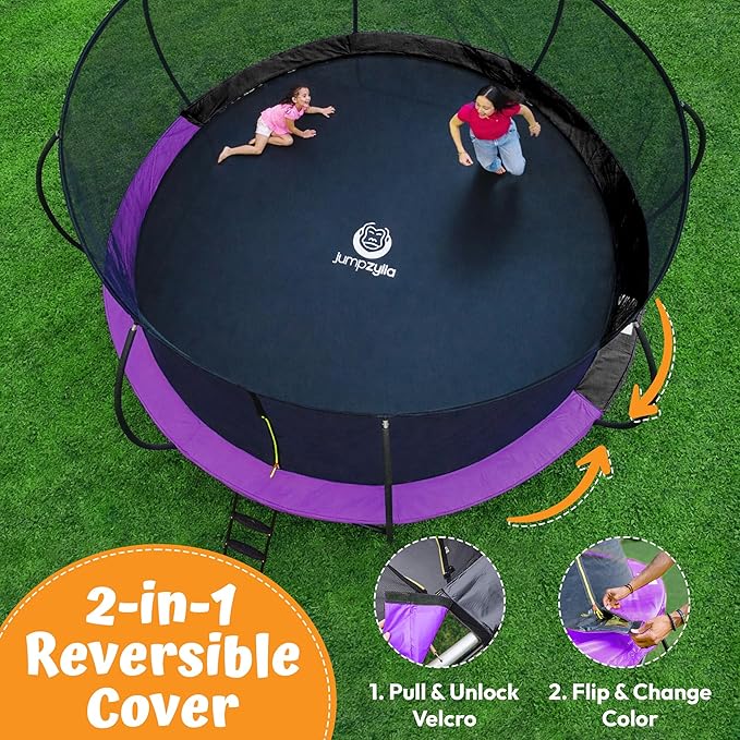 JUMPZYLLA Trampoline Outdoor 8FT 10FT 12FT 14FT 15FT 16FT with Enclosure and Ladder, ASTM Approved Recreational Trampoline for Kids and Adults, Anti-Rust Coated Frame