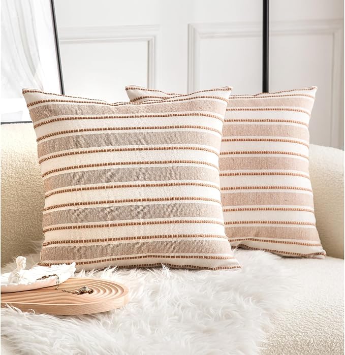 Cethom Decorative Boho Throw Pillow Covers, Farmhouse Textured Pillow Case, 22 x 22 Inch Set of 2, Chair Sofa Bedroom Living Room Home Decor Couch Cushion Case, Brown and Beige Striped