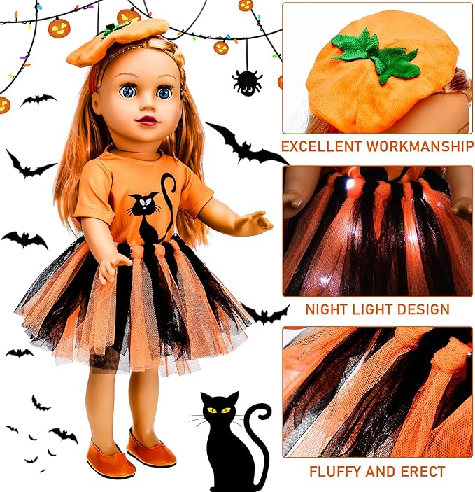 2 Sets Halloween Doll Clothes 18 Inches Girl Doll Halloween Dresses Outfits Shoes Set with Cat and Witch Pattern Costume Tutu Dress Accessories Fits for Most 18 Inches Girl Dolls
