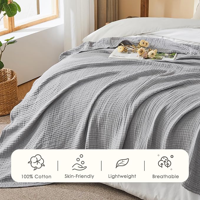 EMME Cotton Muslin Twin XL Blanket Breathable Gauze Soft Lightweight Blankets Adults Gifts for Women (Heather Grey, 66"x90")
