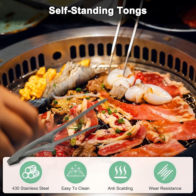 M METERXITY 5 Pcs Korean and Japanese BBQ Tongs 11.2 Inch Barbecue Tongs 430 Stainless Steel Kitchen Self-Standing Grill Non-Slip for Grill/Salad/Camping/Cooking [Black]
