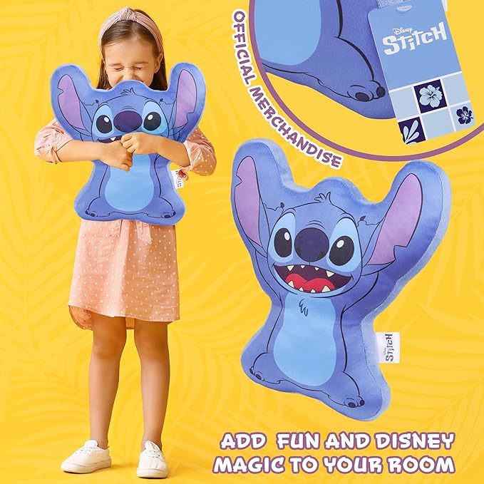Disney Stitch 3D Plush Cushions for Bed Travel, Cute Cuddle Pillow Stuffed Character Pillow, Bedroom Accessories, Room Decor, Gifts for Kids (Blue Stitch, L13.38 x W12.59)