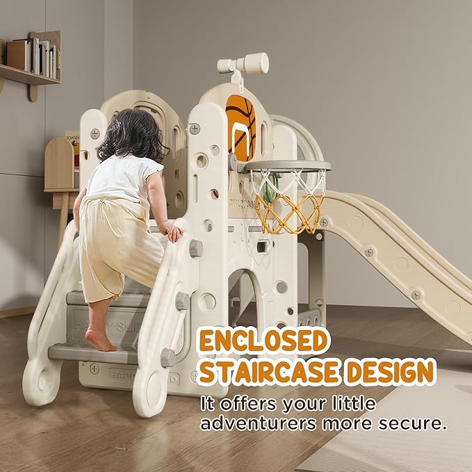 Qaba 7-in-1 Toddler Slide Playset, Kids Slide for Ages 1-6 Years with Ring Toss, Basketball Hoop, Telescope, Indoor Playground with Climber, Storage Space, Crawl Tunnel, Cream White