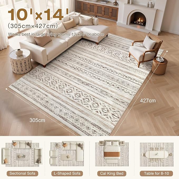 cotiled 10x14 Area Rugs Living Room Rug: Washable Boho Rugs with Non Slip Backing Large Soft Indoor Stain Resistant Carpet for Bedroom Farmhouse Dining Room Lightweight Home Decor Cream Brown