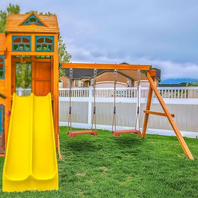 SELEWARE Wooden Swing Seat with Adjustable Rope | Heavy Duty Flat Tree Swing for Adults & Kids, Indoor/Outdoor Playground Swing Set (17.5 x 10.6 Inch)