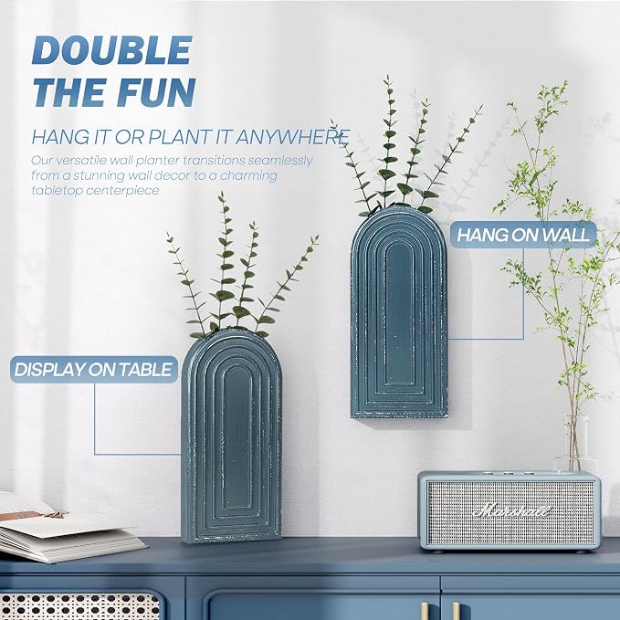 EOSAHR Wall Vase for Boho Room Decor: Wall Planter for Flowers, Denim Blue | 2Pcs, Pine Wood, 3D Embossed Lines, Round Corner Design, Blue Wall Art for Living Room, Ideal for Fake Plant