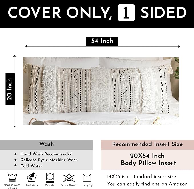 20X54 Oversized Large Lumbar Pillow Cover for Bed, Rectangular Long Decorative Throw Pillowcase, Cotton Boho Accent Cushion with Black Tufted Pattern and Tassels, Cream Neutral (Cover Only)
