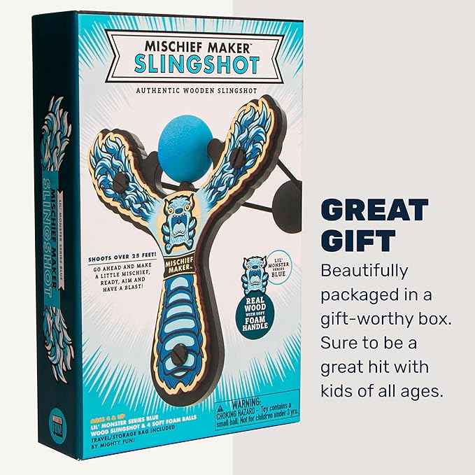 Mischief Maker® Wooden Slingshot - Lil’ Monster Series - Real Wood Slingshot for Kids, 4 Soft Foam Balls and Storage Bag - Ages 4+ (Blue)