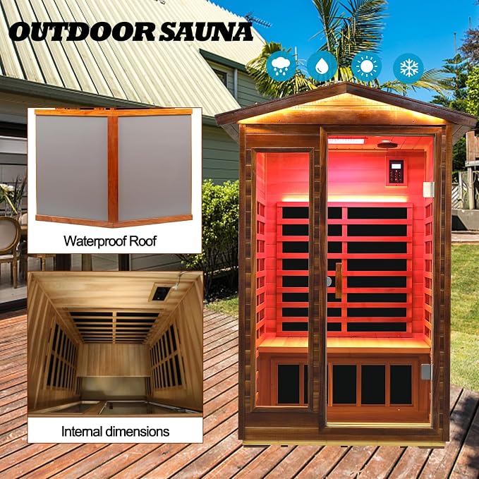 Kanlanth Red Cedar 2 Person Outdoor Infrared Sauna, Ultra-Low EMF Far Infrared Sauna, 1,750W, Luxury Outdoor Infrared Sauna with Near red Light and Chromotherapy, Bluetooth, LED