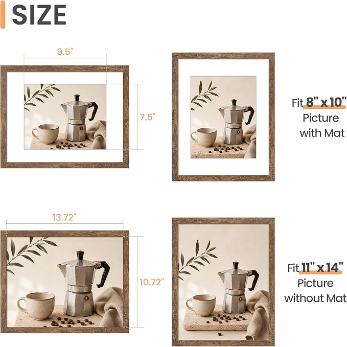 upsimples 11x14 Picture Frame, Display Pictures 8x10 with Mat or 11x14 Without Mat, Wall Hanging Photo Frame, Rustic Brown, 1 Pack