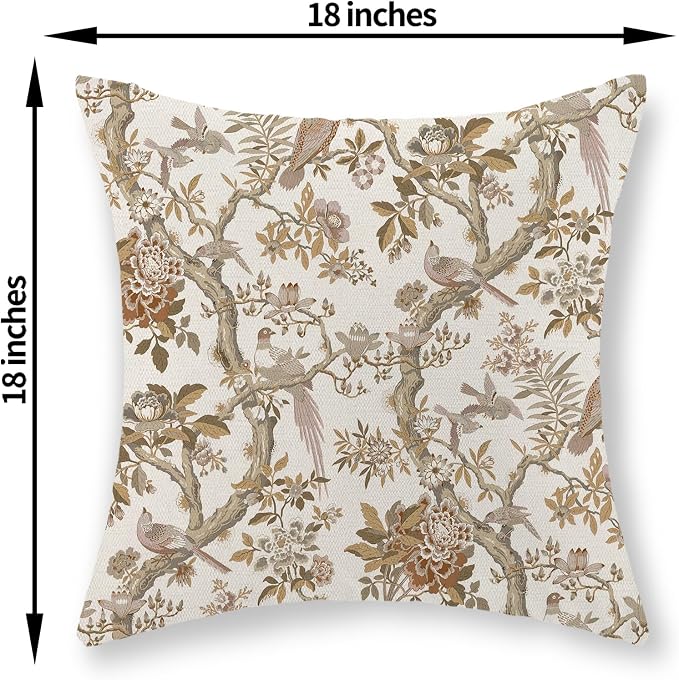 Chinoiserie Pillow Covers 18x18 Set of 2 Brown Bird Floral Throw Pillows Vintage Flowers Bird Decorative Pillowcase Farmhouse Linen Cushion Case Decor Outdoor Throw Pillows for Couch Sofa