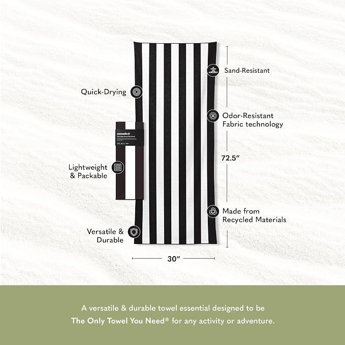 Nomadix Original Towel - Perfect for Beach, Pool, Travel, Camping, Yoga - Made with Recycled Materials - Super Absorbent - Sand Resistant - Cabana Stripe Black - 72.5x30