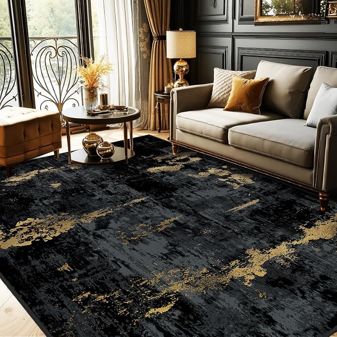 RELEANY Washable 10'x12' Abstract Area Rug for Living Room Black Gold | carpet for bedroom, kitchen, office, hallway and entryway, printed pattern, non-slip, soft, stain-resistant, easy to clean