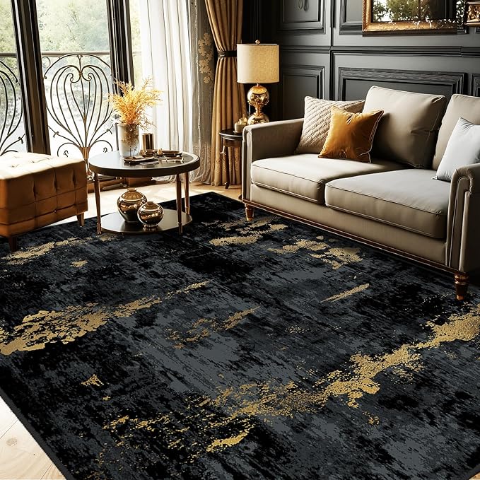 RELEANY Washable 7'x9' Abstract Area Rug for Living Room Black Gold | carpet for bedroom, kitchen, office, hallway and entryway, printed pattern, non-slip, soft, stain-resistant, easy to clean