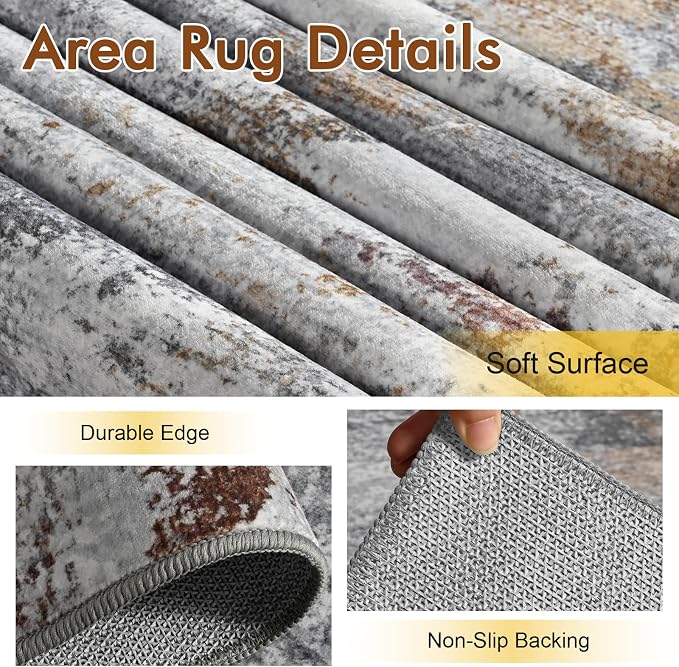 5x7 Ft Abstract Area Rugs for Living Room, Soft Non-Slip Modern Washable Rugs Print Pattern Carpet for Bedroom Indoor Floor Nursery Home Decor (Grey/Gold-Brown/Red-Brown)