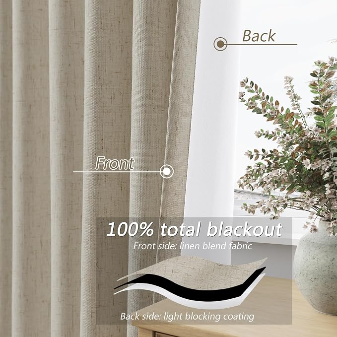 Guken 100% Blackout Linen Curtains for Bedroom 90 inches Long, Thermal Insulated Room Darkening Black Out Window Drapes for Living Room, Back Tab Rod Pocket 2 Panels Set,Grey Flax,52x90