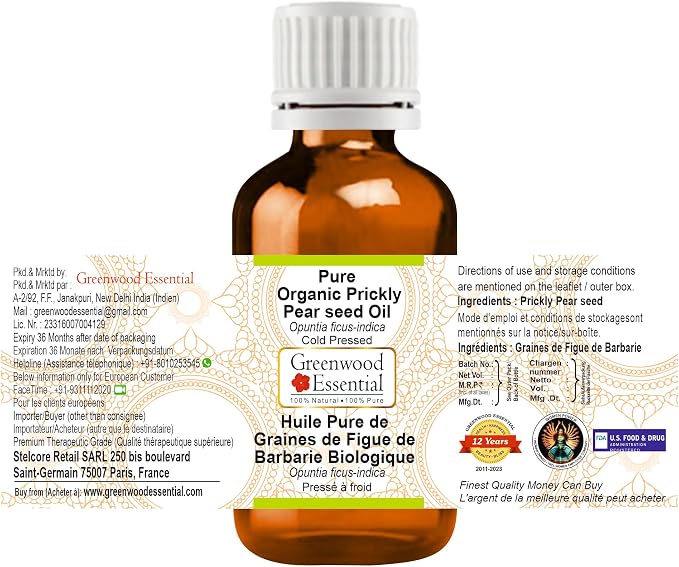 Greenwood Essential Pure Organic Prickly Pear Seed Oil (Opuntia ficus-Indica) Cold Pressed 30ml (1 oz)