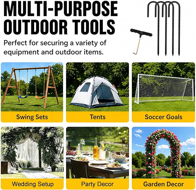 RIY Trampoline Stakes Anchors High Wind Heavy Duty Tent Stakes 12 Inch Ground Anchor Trampoline Accessories with T Hook