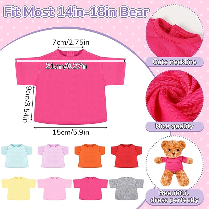 Jecery 8 Pcs Colorful Bear Clothes Tee Shirt Fit 14-18 Inches Bears Sublimation Stuffed Cute Tiny DIY Make Your Own Plush Doll(Light)
