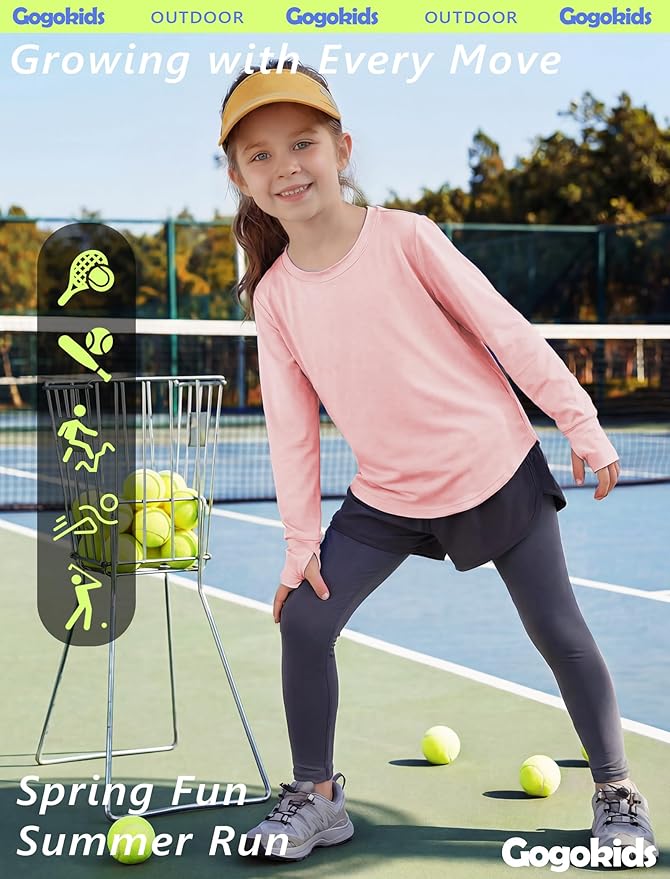 Gogokids Girls Shirts Long Sleeve Athletic Shirts Open Back Tops Active Sports Tshirts Yoga Workout Crop Tees 5-14 Years