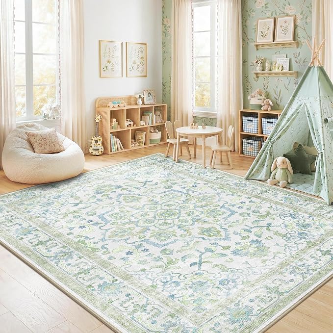 CAPALOCA 7x9 Washable Nursery Girls Low Pile Area Rug Green Blue | Non-Slip Soft Rugs for Bedroom Kids Playroom Living Room, Print Pattern Water Repellent Carpet Indoor Decor