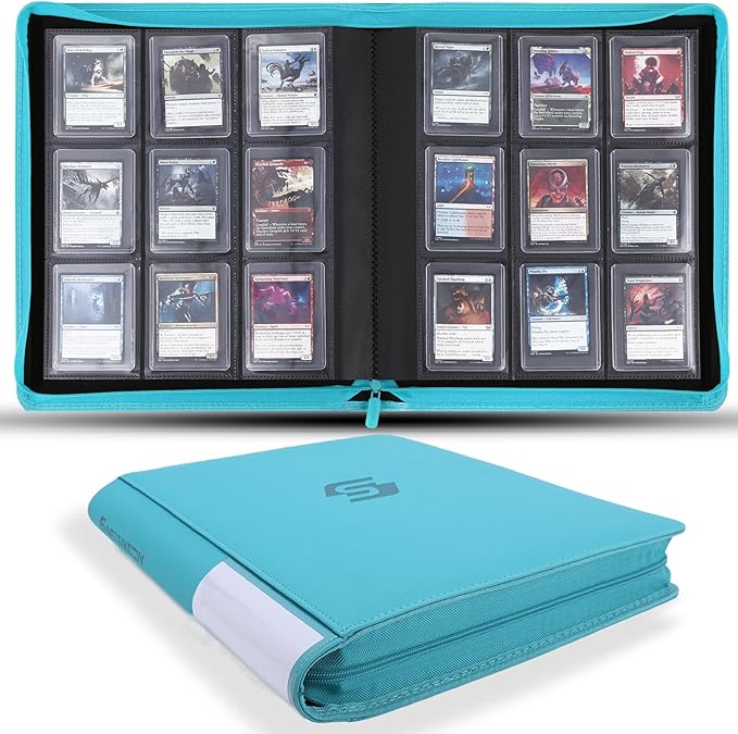 Snekdy Top loader Binder, 9 Pockets Top Loader，Holds 360 Top Loaders cards, Card binder with Sleeves for card in 3 x 4 inch color smooth Zipper PU Leather (Turquoise)