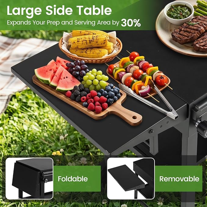 Happygrill Outdoor Grill Cart w/31” x 17” Tabletop for Blackstone Griddle | Foldable Grill Table w/Side Tray, Magnetic Tool Rack, Bottle Opener, Oil Mat, Hooks, BBQ Pizza Oven Table for Camping
