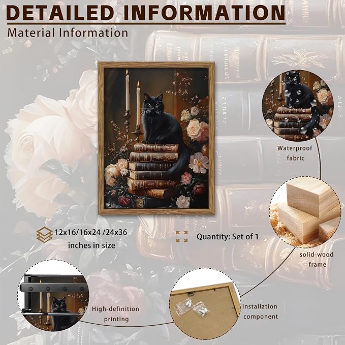 Vintage Dark Academia Framed Wall Art, Victorian Black Cat Floral Canvas Prints, Antique Book Wildflower Gothic Wall Decor for Living Room Gallery Library – Dark Wooden Frame 8x10in