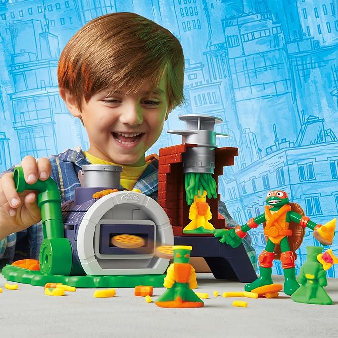 Play-Doh Teenage Mutant Ninja Turtles Slice & Blast Pizza Playset, Bendy 4 Inch Mikey Action Figure, Kids Arts & Crafts, TMNT Toys for Boys & Girls 4+