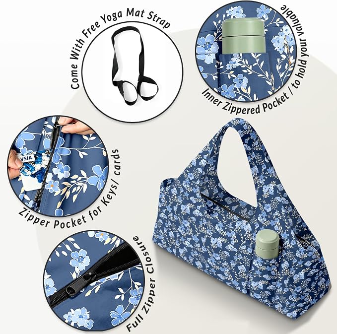 Women's Yoga Bag with Yoga Mat Carrier - Large Mat Pocket Fitness Tote for Pilates, Gym, Travel, Office & Beach