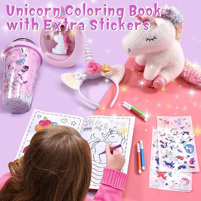 Unicorn Gift for Girls Toy Age 3 4 5 6 7 8 with Plush Stuffed Animal Water Bottle Night Light Headband DIY Color Book Pen, Christmas Birthday Gifts Idea Toys for Little Girl 3-10 Years Old