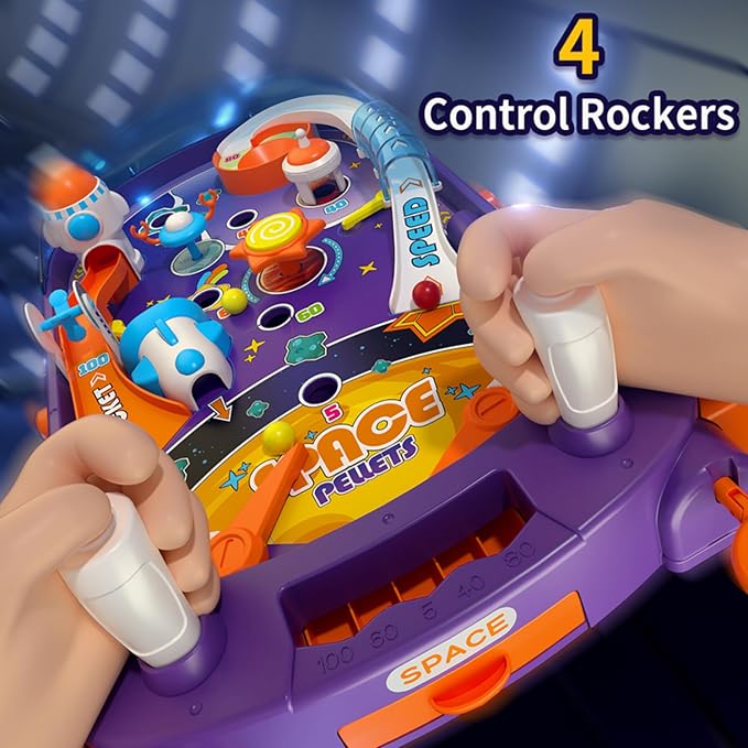 Tabletop Pinball Machine - Space Mini Arcade Game with Sound & Light, Pull-Back Launcher, Flippers, Carry Handle, Suction Cup Feet, Games for Kids Ages 3+