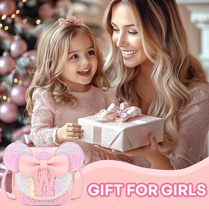 mibasies Toddler Purse Girl Gifts: Girls Birthday Gifts for 3-8 - Toys for Ages 2-4 Girls Mouse Ears Purse, Glitter Rainbow, Letter W