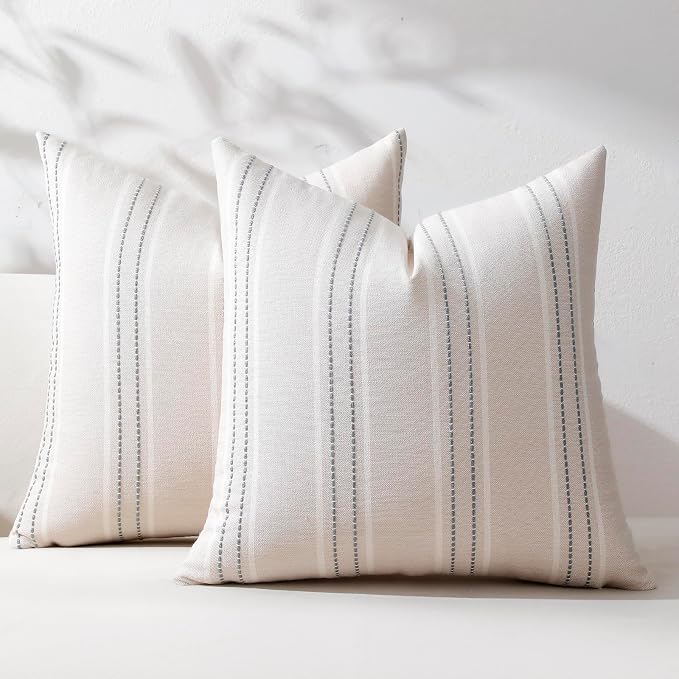 Hckot Grey Decorative Throw Pillow Covers 20x20 Set of 2 Boho Pillow Covers | Striped Farmhouse Pillows Textured Linen Square Cushion Covers for Sofa Couch Bed Living Room Decor(Light Grey)