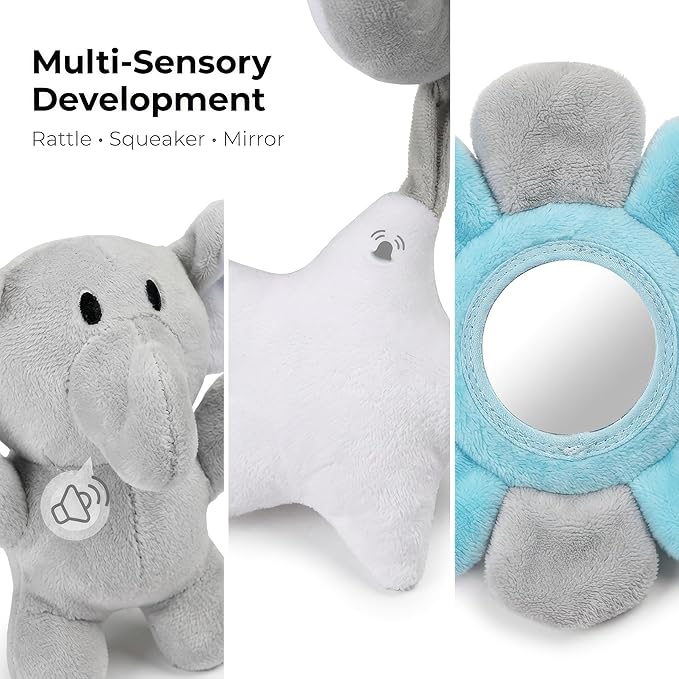 Car Seat Toys Spiral Hanging Elephant, Baby 0-6 Months Newborn, Carseat Hanging for Stroller Toys & Crib Hanging, Infant 0-6 Months with Rattle BB Squeaker Mirror, Baby Car Seat for Babies Boy Girl