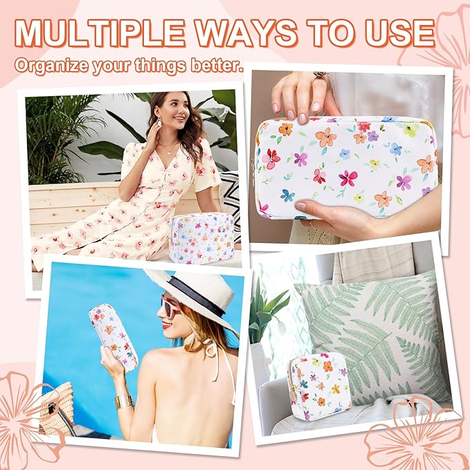 Waterproof Small Floral Pencil Case Makeup Bag for Purse,Cute Flower Pencil Pouch Preppy Nylon Makeup Brush Holder with Zipper,Girls Portable Storage Case Pen Bag for Work(Slim Colorful-Flowers)