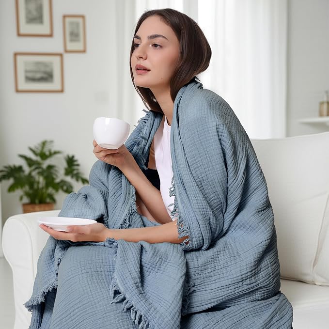 WDCOZY Muslin Blanket 100% Cotton Blankets Twin Size 4-Layer Breathable Lightweight Soft for Couch Bed Boho Farmhouse Linen Tassels Ruffle Gauze Blankets All Season for Adults 60x80 Inches Dusty Blue