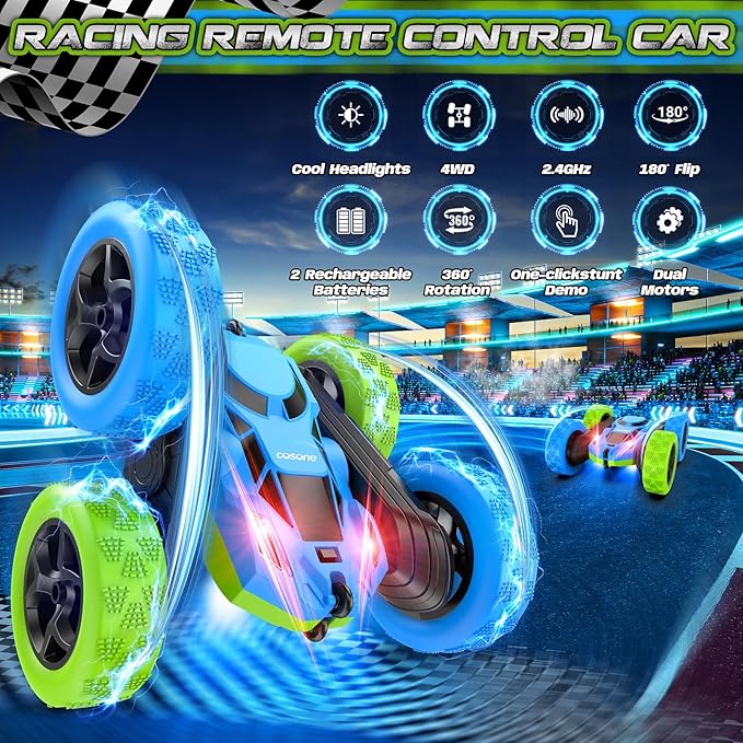 cosone Remote Control Car for Kids Ages 6+, RC Cars Stunt Car Toy 4WD Double Sided 360° Rotating Remote Control with Headlights, Birthday Xmas Gifts for Boys 6 7 8 9 10 11 12 Valentines Day Gifts