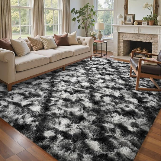 5x8 Ft Large Shag Rugs for Bedroom Living Room Decor for Men Boys, Tie Dyed Ultra Soft Fluffy Furry Area Rug for Indoor Floor, Aesthetic Carpet for Home Decor (Black Grey)