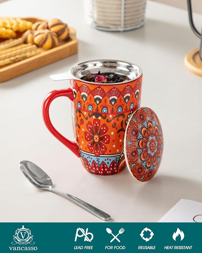 vancasso Ceramic Tea Cup with Infuser and Lid, 18 Ounce Tea Infuser Mug for Loose Leaf Tea, Microwave & Dishwasher Safe, Bohemian Mandala, Gift for Tea Lovers, Crimson Sunburst
