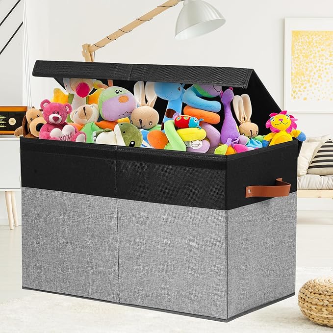 Large Toy Storage Box with Lid, Toy Chest Bin Boxes Basket with Dividers | Sturdy Toy Organizer Bin for Kids, Boys, Girls, Nursery, Living Room, Bedroom, Playroom 25"x13" x16"(Black and Grey)