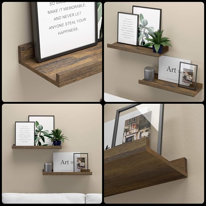 Boswillon Floating Shelves Set of 2, Small Wall Shelf with Lip, 16in, Brown | Display Ledge Shelf for Room Wall, Wall Decor Shelves for Bathroom, Living Room, Bedroom, Kitchen, Nursery Room, Rustic, Wood