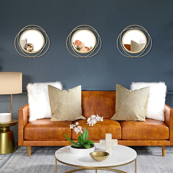 3 Set Round Mirrors for Wall Decor Living Room Bedroom Bathroom Dining Room Metal Circle Mirror Set Boho Decorative Sunburst Wall Art Accent Entryway - Gold 9.5 in