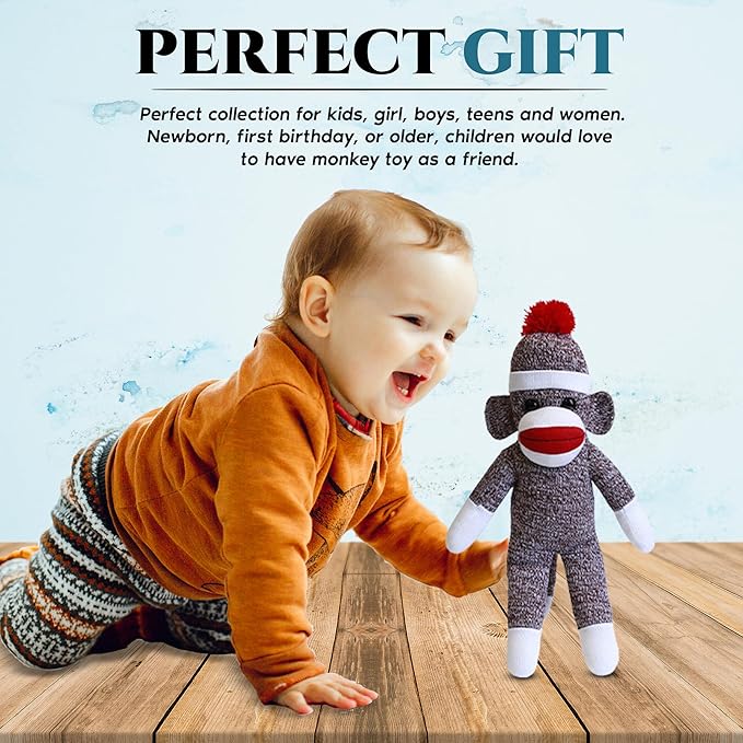 Plushland Adorable Sock Monkey, The Original Traditional Hand Knitted Stuffed Animal Toy Gift-for Kids, Babies, Teens, Girls and Boys Baby Doll Present Puppet (16'' Brown)