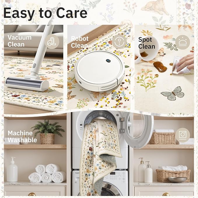 Soalmost Dog 9x12 Area Rugs for Living Room, Washable Animal Soft Rug Beige | Floral Vintage Non-Slip Low Pile Cute Throw Large Rugs for Classroom Bedroom Dining Room Nursery Playroom 9' x 12'
